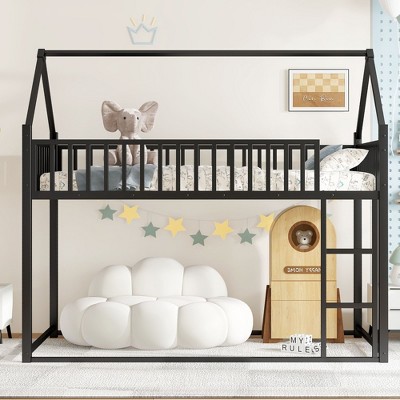 Black Twin size House Floor Bed with Detachable Slats Versatile Metal House bed with Guardrails Transformable Design