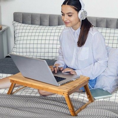 Natural Bamboo Adjustable Laptop Lap Tray with Drawer
