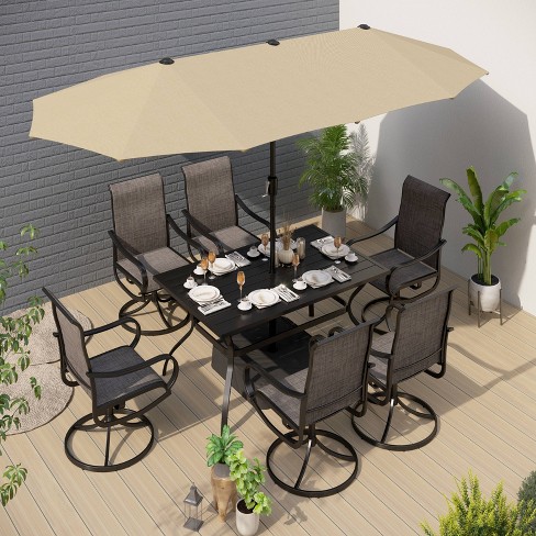 8pc Outdoor Dining Set With Metal Slat, Outdoor Table Set With Umbrella Hole