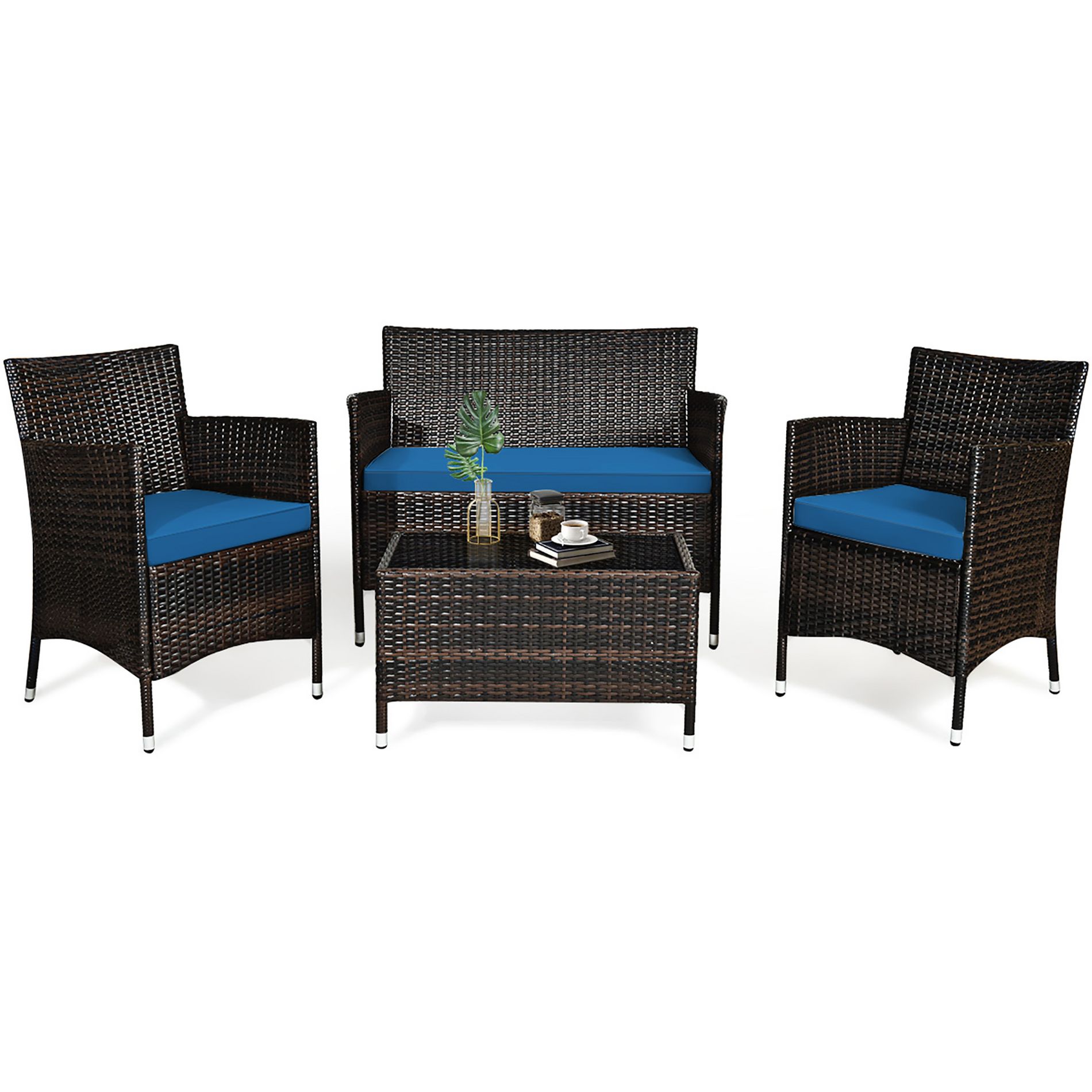 Tangkula 4PCS Patio Rattan Conversation Furniture Set Outdoor w/ Peacock Blue Cushion