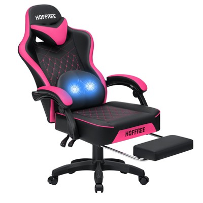 Hoffree Leather Massage Gaming Chair Ergonomic Office PC Chair with Footrest & Adjustable