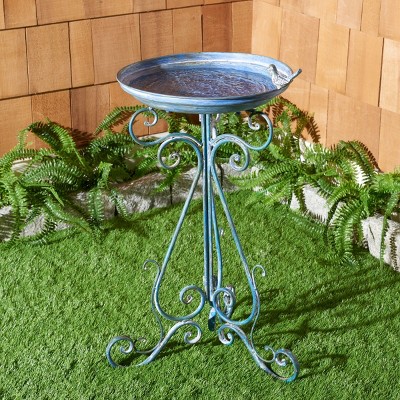 Ashlan Antique Blue Metal Outdoor Bird Bath with Sculpted Bird Ornament