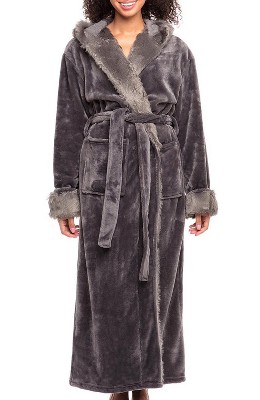 Womens Long Thick Fleece Robe Warm Waist Belt Plush Bathrobe(Gray,S/M) at   Women's Clothing store