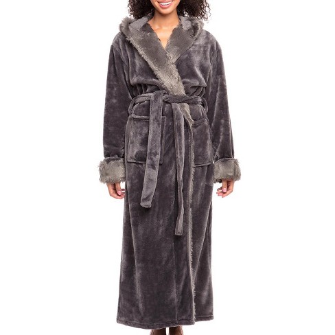Women's Winter Robe with Faux Fur Feather, Plush Fleece Hooded Bathrobe