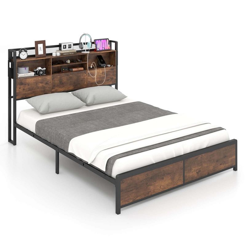 Costway Full/Queen Size Bed Frame with Storage Headboard and Charging Station Vintage Brown, 4 of 11