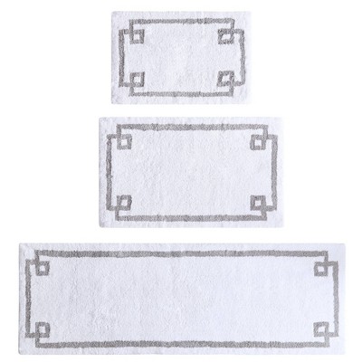 White and Gray Cotton Tufted Bath Rug with Geometric Border