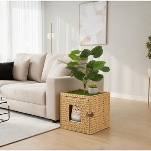 unipaws Cat Litter Box Enclosure with Faux Plant & Litter Mat - 1 of 4