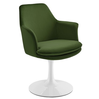 Modway Lippa Velvet Swivel Dining Armchair – Mid-Century Barrel Chair with 360° Swivel and Pedestal Base in Moss Green and White