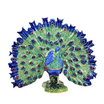Kubla Craft 3.0 Inch Blue Fan Peacock Box Bird Feathers Bird Figurines