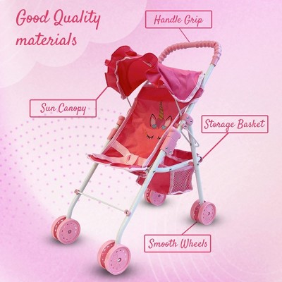 Pink Unicorn Foldable Baby Doll Stroller with Basket