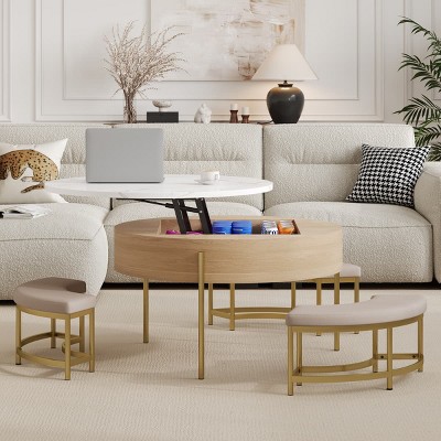 Contemporary Natural Round Lift-Top Coffee Table with Hidden Storage and Nesting Ottomans for Living Room-Maison Boucle