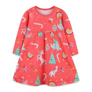 MyKids-Usa Baby Girl Cartoon Print Pattern Western Style Loose Christmas Dress - 1 of 4