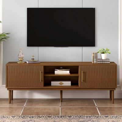 74.90" TV Stand with Vertical Striped Doors, Sideboard Cabinet with Solid Wood Legs, Sliding Door Design, and Versatile Functionality