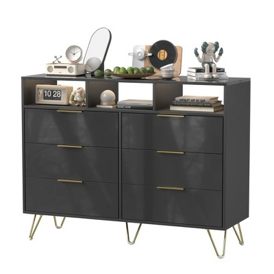6 Drawer Dresser with Led Lights, Modern Dresser with 3 Open Shelves for Bedroom