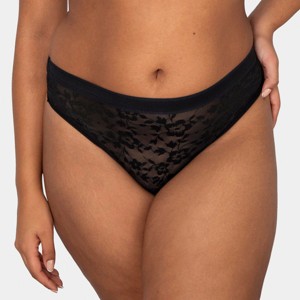 Curvy Couture Women's Plus Size No-Show Lace High Cut Thong Panty Black Hue XL - 1 of 4