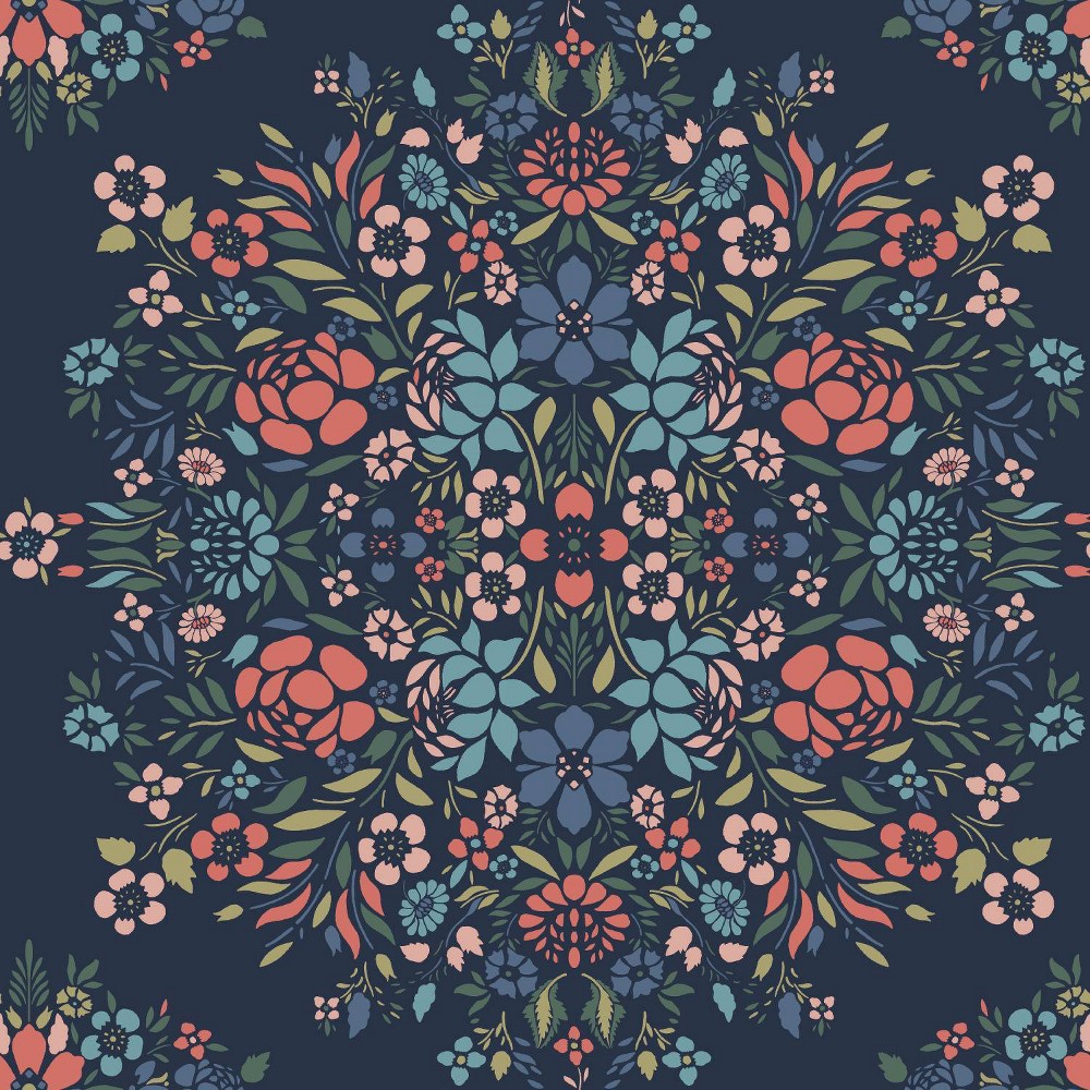 Photos - Wallpaper Roommates Medallion Floral Peel and Stick  Blue: Self-Adhesive Vinyl, Botanical Pattern, 30.8 Sq Ft Coverage 
