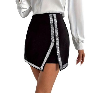 Women's Shorts Black High Waisted Sequin Trim Asymmetric Hem Mini Skirt Shorts - 1 of 4