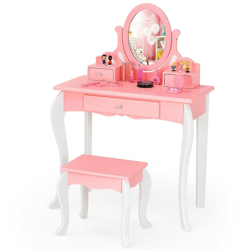 Costway Kids Vanity Princess Makeup Dressing Table Stool Set W/ Mirror Drawer, 1 of 10