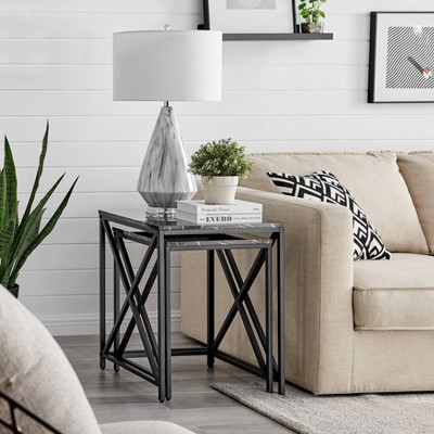 Modern Faux Marble and Black Metal Nesting End Table Set