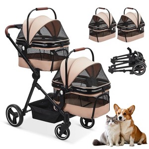 Fold-Able Stroller for 2 Small Medium Dogs Cats Up to 50lbs 360° Front Wheels+Foot Brake System,Double Pet Stroller with 2 Detachable Carriers&Wheels - 1 of 4