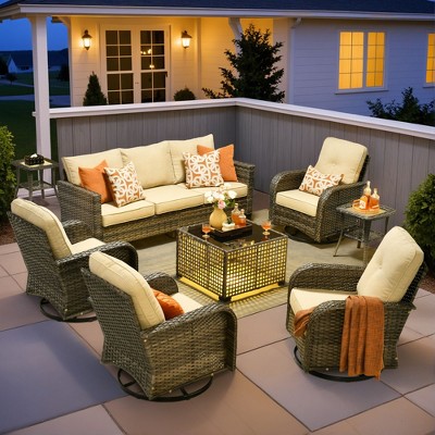 XIZZI Outdoor Rattan Sectional Sofa Set, Modular Patio Lounge Set w/ Swivel Chairs, Side Table & Optional 3-Seat Sofa/Ottomans/Firepit/Coffee Table