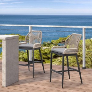 PURPLE LEAF Patio Sunbrella Bar Stools Set of 2 Handwoven Wicker Bar Height Stool Modern Aluminum Outdoor Wicker Barstools with Back and Cushion - 1 of 4