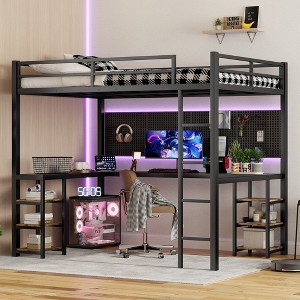 Full XL Metal Loft Bed with Ladder, Desk and Shelves - 1 of 4
