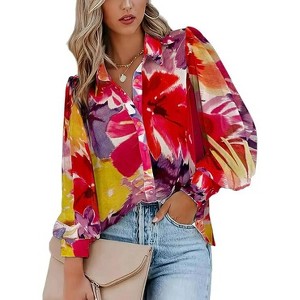Zeagoo Womens Shirts Button Down Printed Lantern Long Sleeve Blouse Fashion Casual Tops - 1 of 4
