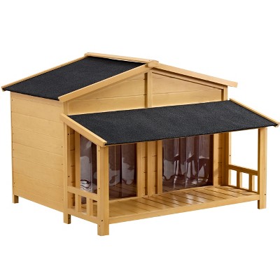 Gulches Beige Wood - Built Waterproof Dog House, Cottage - Style with Porch, Raised Floor, Asphalt Roof for Medium Dogs, 2 Doors