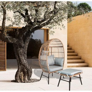Outdoor Patio Wicker Egg Chair with Footstool 4W, Gray Blue/Beige -ModernLuxe - 1 of 4