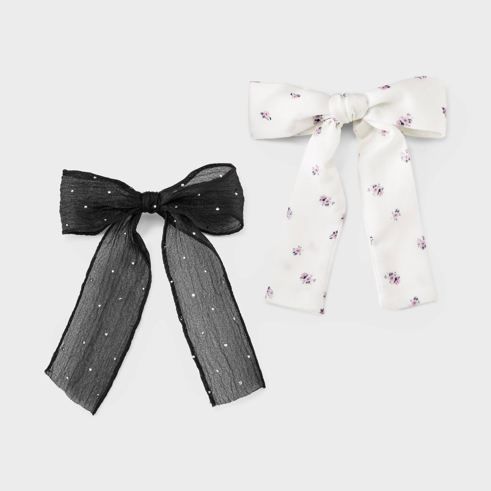 Girls 2pk Floral Printed Ribbon Bow Clip Set - art class Black/White