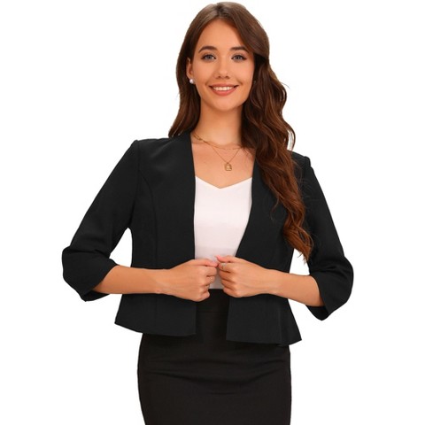 Allegra K Women's Open Front Collarless 3/4 Sleeve Peplum Business Work Suit Blazer Black Small
