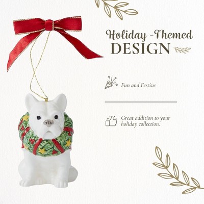Festive French Bulldog Porcelain Christmas Ornament with Red Bow