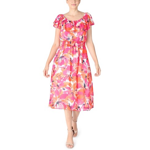 12 Sandra Darren Pink Floral Cap Sleeve Asymmetrical Hem Dress Sz 10 16 NWT 
