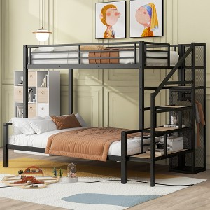 TIRAMISUBEST Twin over Full Size Metal Bunk Bed with Storage Staircase and Open Wardrobe, Versatile Bunk Bedframe with Storage Shelves - 1 of 4