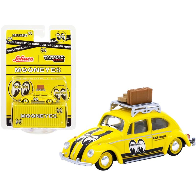 Volkswagen Beetle Low Ride Yellow w/ Roof Rack & Luggage Mooneyes Collaboration Model 1/64 Diecast Car by Schuco & Tarmac Works, 1 of 4