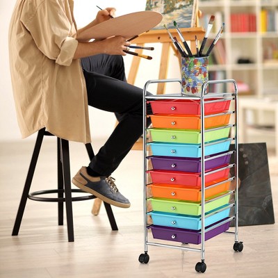 Multicolor 10-Drawer Rolling Storage Cart with Chrome Frame