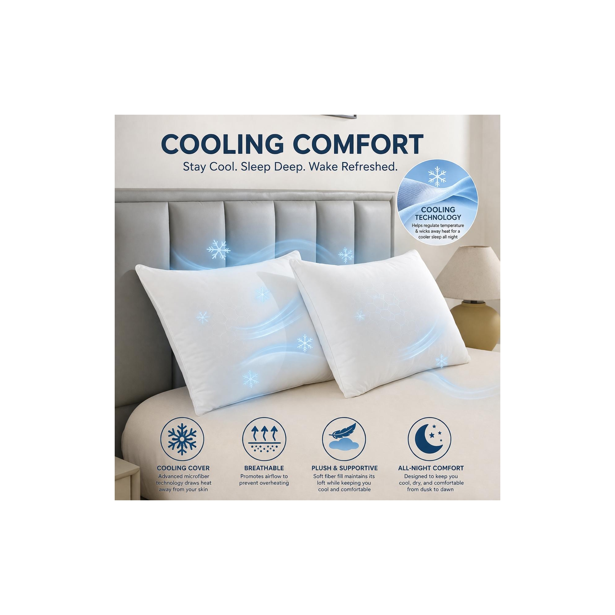 2Pk Cooling Bed Pillows with Removable Zippered Cover 100% Premium Softness - QUEEN