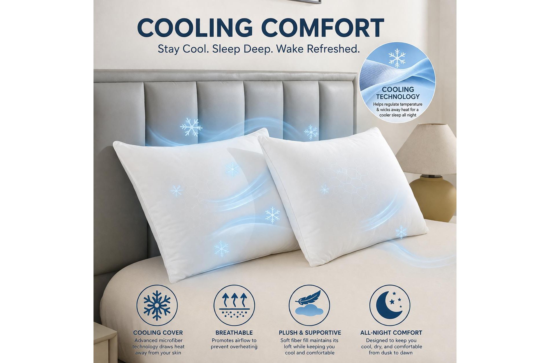 2Pk Cooling Bed Pillows with Removable Zippered Cover 100% Premium Softness by Sweet Home Collection®