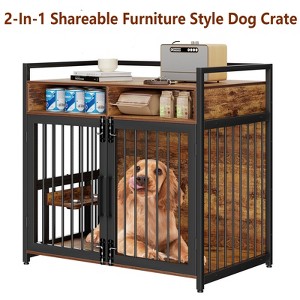 Large Dog Crate Furniture, 48 Inch Wooden Dog Crate, Heavy Duty Dogs Kennel with 2 Drawers Storage, 360° Adjustable Raised Feeder - 1 of 4