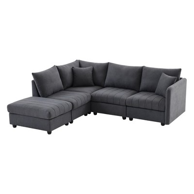 89'' L-Shaped Modular Sectional Sofa with Ottoman, Vertical Stripe Cushions, 5-Seat Comfy Couch for Living Room or Apartment