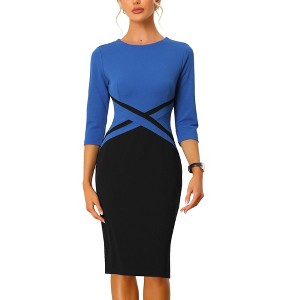 INSPIRE CHIC Women's Slim Fit Contrast Color 3/4 Sleeve Bodycon Work Office Pencil Dress - 1 of 4