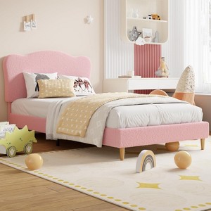 Twin XL/Full Bed Frame for Kids, Upholstered Platform Bed with Boucle Headboard for Girls, Cute Velvet Twin Bed, No Box Spring Needed - 1 of 4