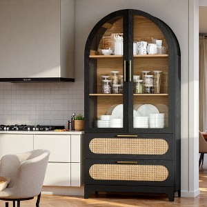 FONTOI 60"/63"/72.8" Arched Storage Cabinet with Glass Doors & Rattan Drawers, 5 Tier Display Cabinet for Living Room, Kitchen, Dining Room - 1 of 4