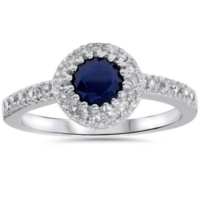Pompeii3 1ct Halo Genuine Blue Sapphire Diamond Engagement Ring 14K White Gold