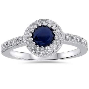 Pompeii3 1ct Halo Genuine Blue Sapphire Diamond Engagement Ring 14K White Gold