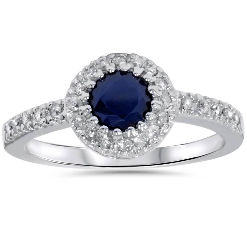 Pompeii3 1ct Halo Genuine Blue Sapphire Diamond Engagement Ring 14K White Gold, 1 of 6