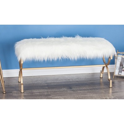 Chic Gold Metal 42" Entryway Bench with White Faux Fur Cushion