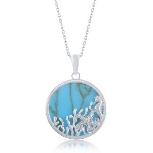 Bella Silver Sterling Silver Round Turquoise with Starfish and Seahorse 18" Pendant Necklace - Blue - 1 of 2