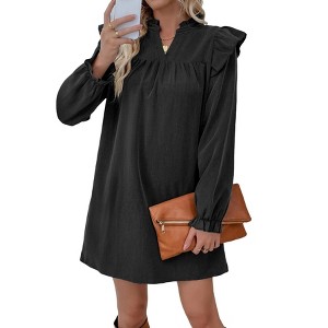 Women's Long Sleeve Loose Stand Collar Ruffle Trim Shift Dress, Casual Flowy Dress for Daily & Weekend Wear - 1 of 4